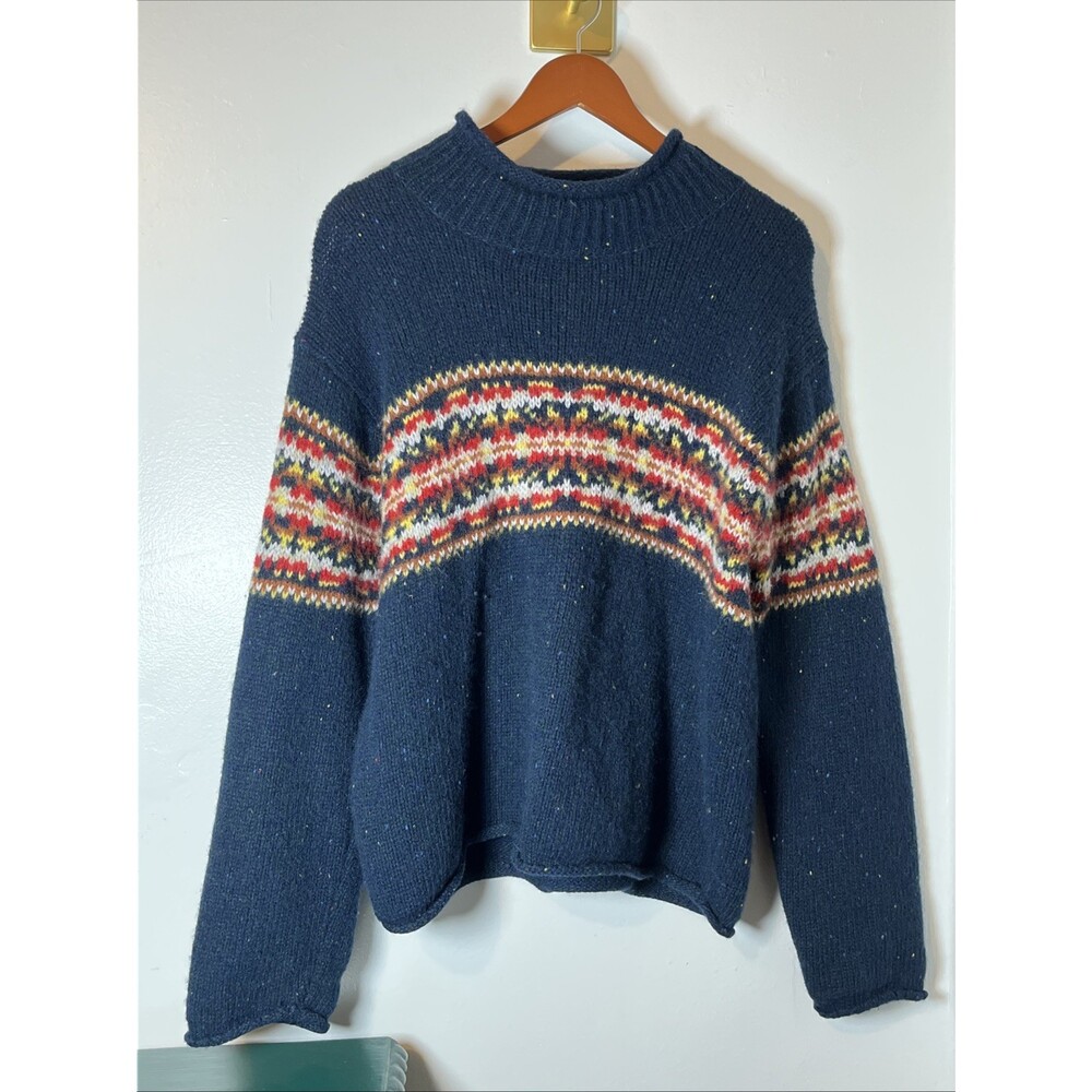 Open Country Fair Isle Vtg 90's Blue 100% Shetland Wool Mock Neck Sweater sz L